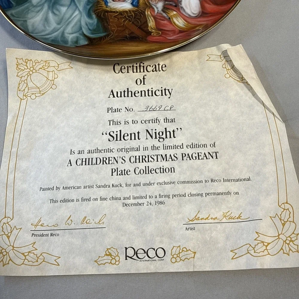 Vintage 1986 Reco Silent Night Collector Plate Sandra Kuck COA First Issue